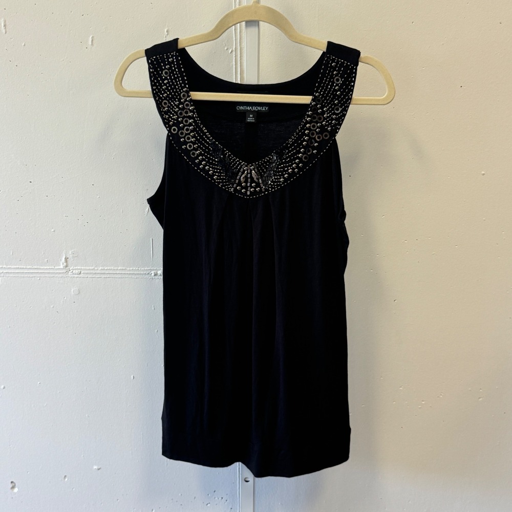 Cynthia Rowley Embellished Beaded Neckline Tank Top Sleeveless Blouse Medium Blk